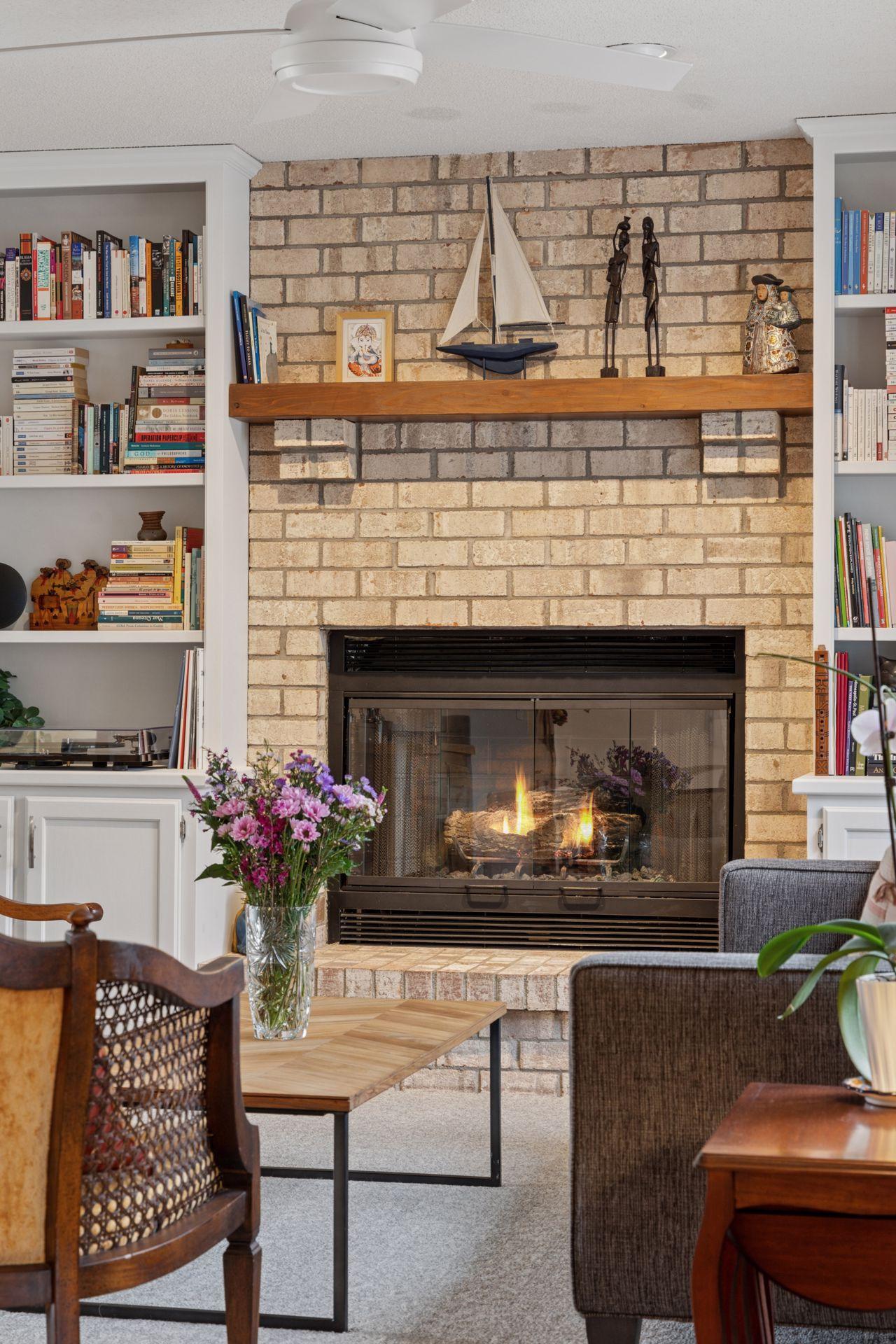 Gas Fireplace with Brick Surround and Hearth