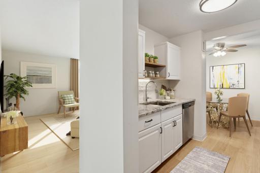Virtual staged window treatments, living and dining room.