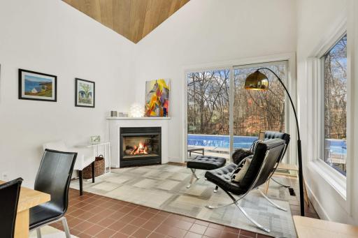 Gas fire place in living room that walks out to pool and patio