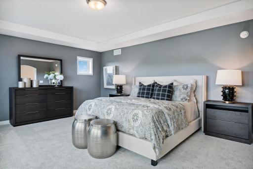 (Photo of model home, finishes will vary)The Owner's suite boasts a sprawling bedroom accented by a grand tray ceiling, a luxurious en-suite bathroom and an oversized walk-in closet.