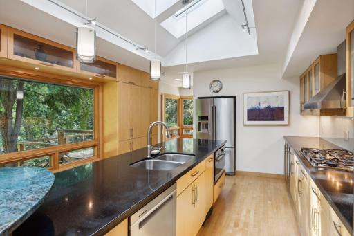 Sunshine spills in from four sparkling skylights, replaced in 2023