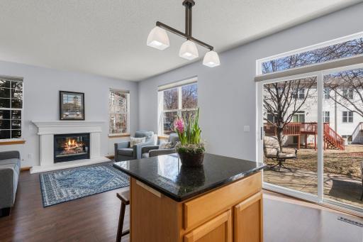 Nice kitchen island overlooking the gas fireplace