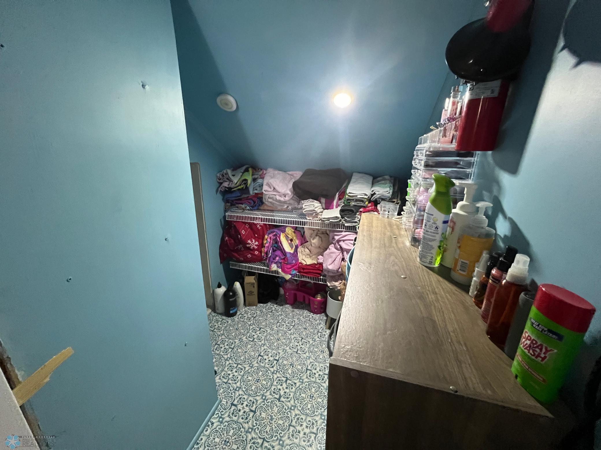 Storage closet right outside bathroom