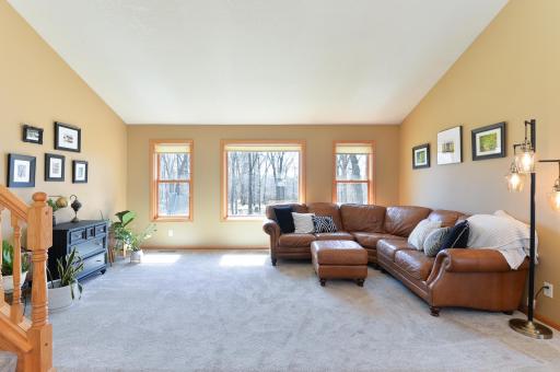 Main level living room with happy light and vaulted ceiling