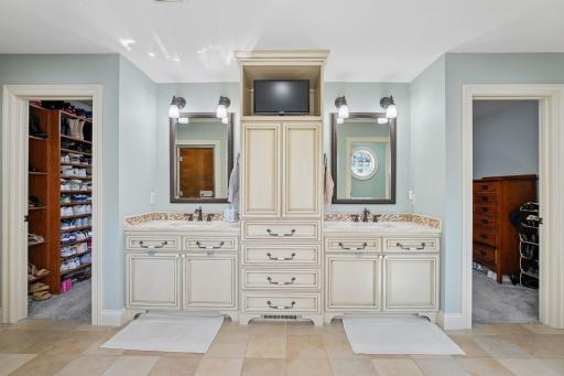 Gorgeous double vanity in master with custom cabinetry