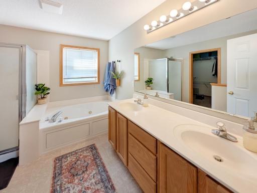 Master bath with double vanity, jacuzzi tub, and standing shower.