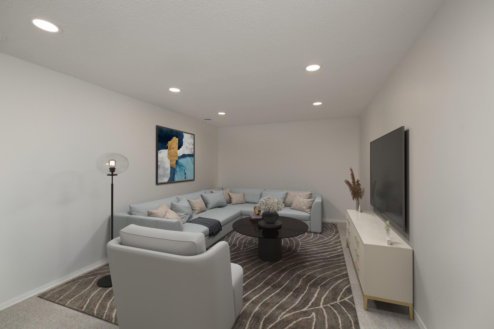 Virtually staged photo of lower level family room