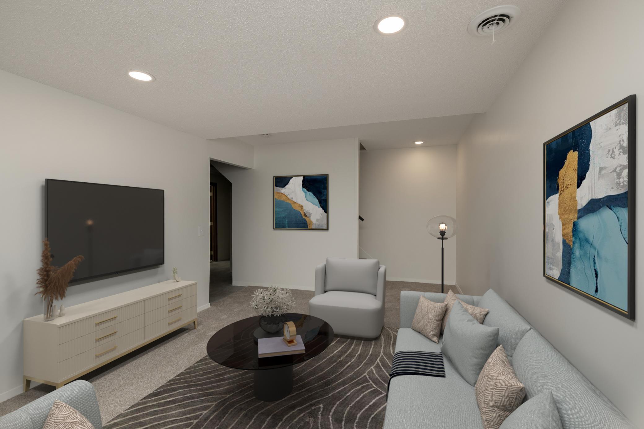 Virtually staged photo of lower level family room
