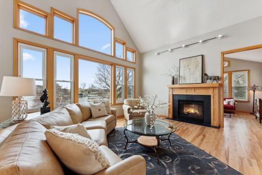 Wall of windows and a double-sided fireplace