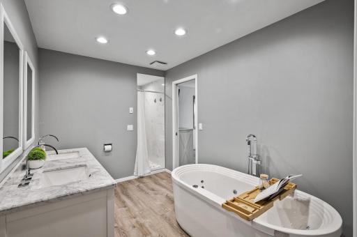 Full Bathroom with Stand Alone Tub and Custom Shower