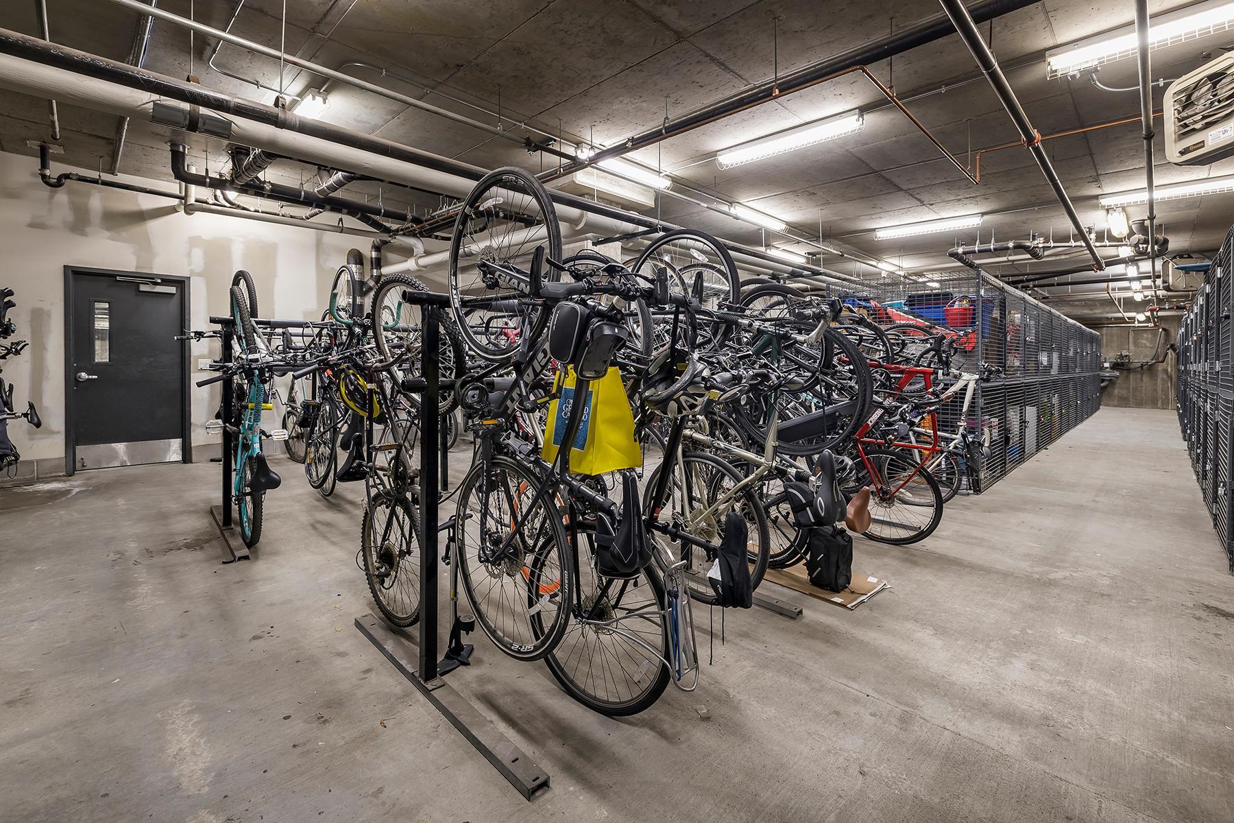 Secure bike storage and storage lockers.