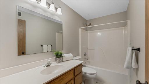 Lower level full bathroom with hard-surface countertops