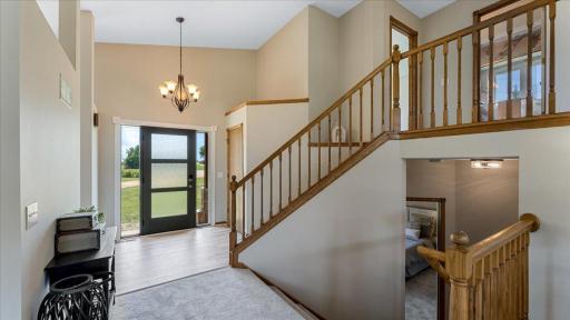 Front door gives modern feel while coexisting with woodwork and style of home