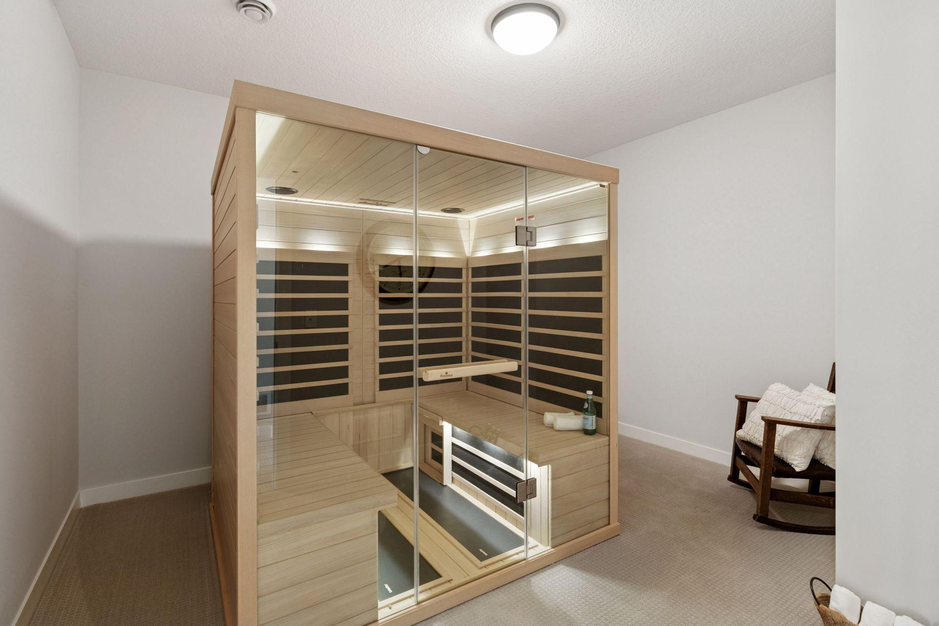Lower-level flex room, currently used as sauna space.