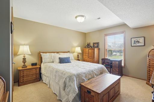 The third bedroom in the lower level offers a comfortable space with a walk-in closet and lookout windowâideal for guests or multi-generational living.