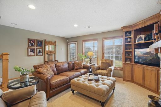 The lower-level family room includes a door that leads directly to the covered patioâblending indoor comfort with easy access to the peaceful backyard setting.