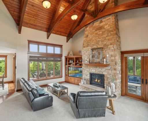 A truly impressive space, the Great Room featured a cathedral vault ceiling a paneled ceiling and large windows taking advantage of the commanding views.