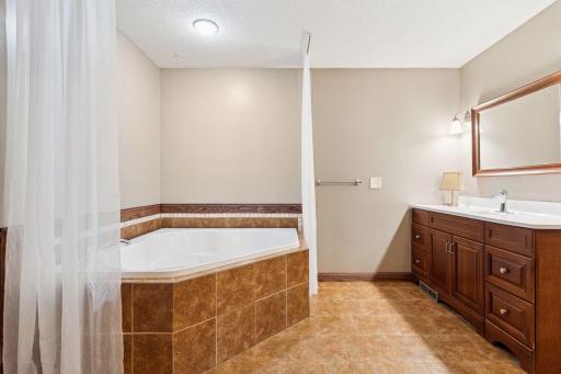 Upper level bath features a separate jetted tub and walk-in shower.