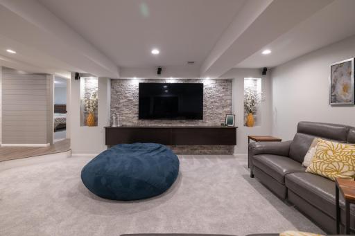 Lower level family room with area for flush mount big screen TV