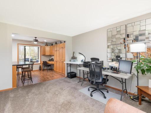 The living room flows into the huge kitchen.