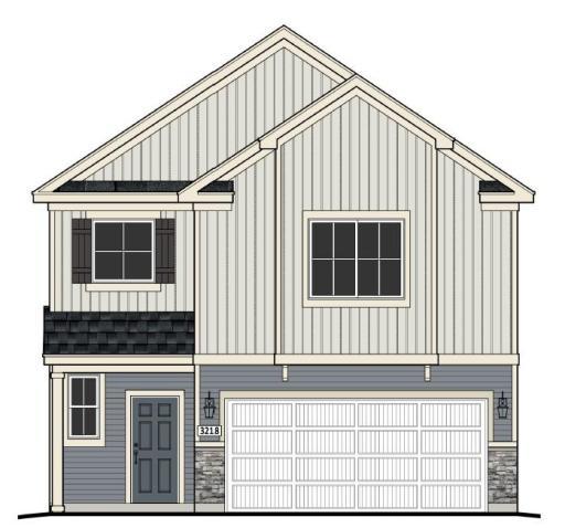 3218 Kady Ave NE -Rendering showcases the exterior color scheme selected for this home including stone accents & covered front entry. Highlights include a main floor flex room plus great room, 2 story foyer, & 3 bedrooms plus a spacious loft up.