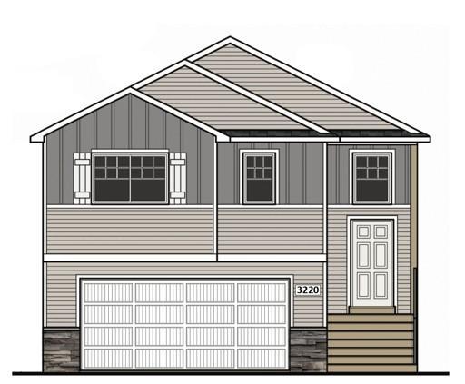 3220 Kady Ave NE- Exterior color scheme selected for this home including stone accents. Home features 4 bedrooms, 3 bathrooms, and a finished walkout lower level. Rendering may not depict exact color match.