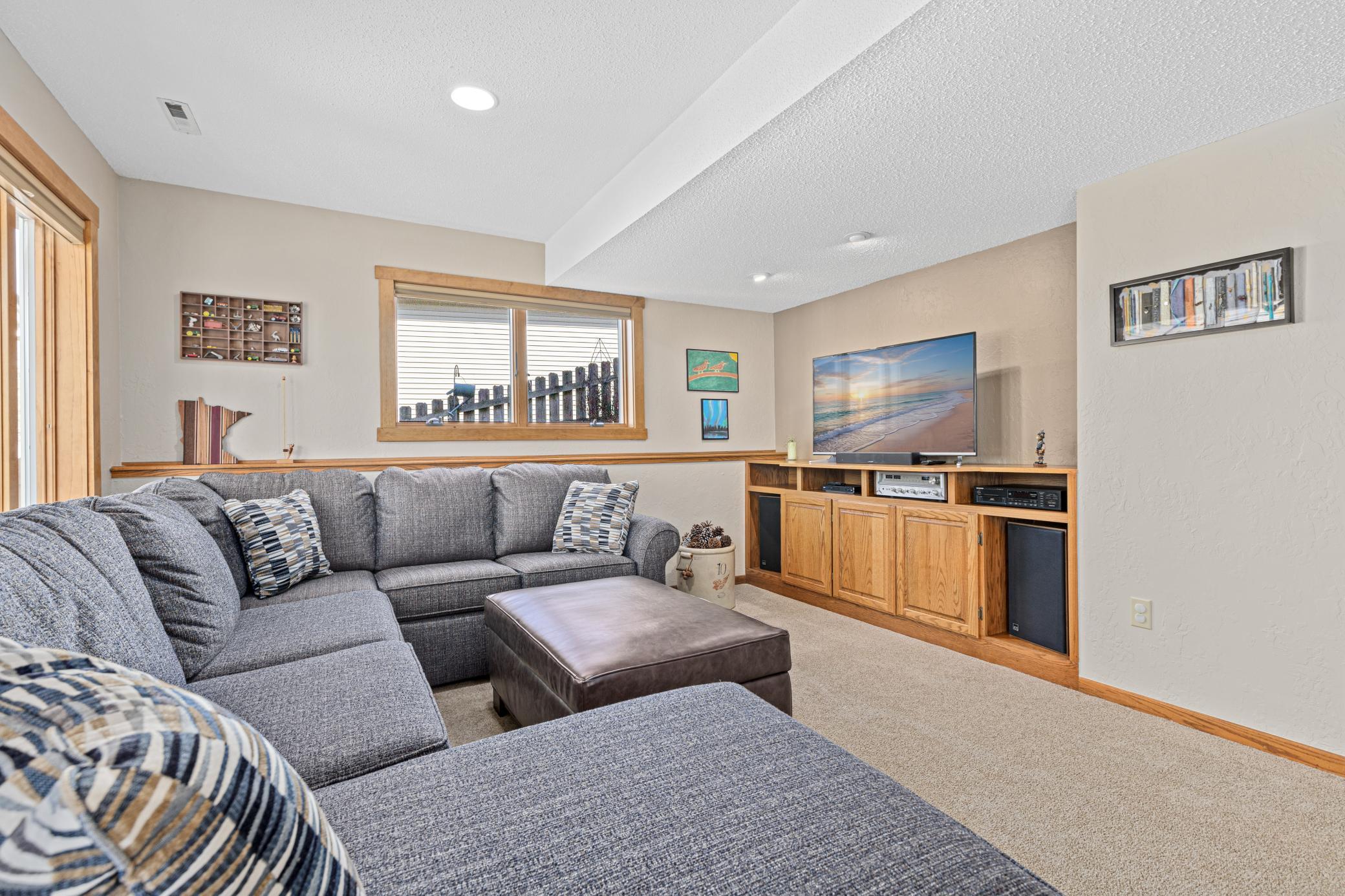 Lower level walk-out family room with built-ins