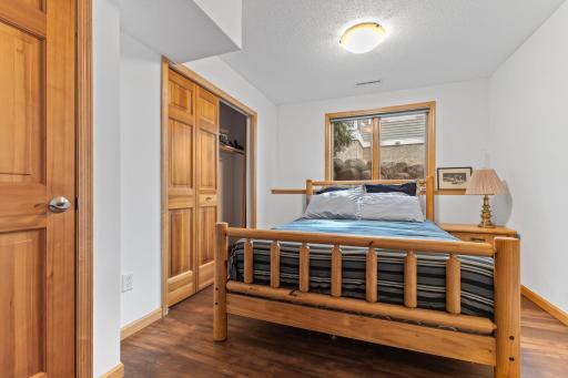 Bedroom on the walk-out level has a closet and deep under the stairs storage space.