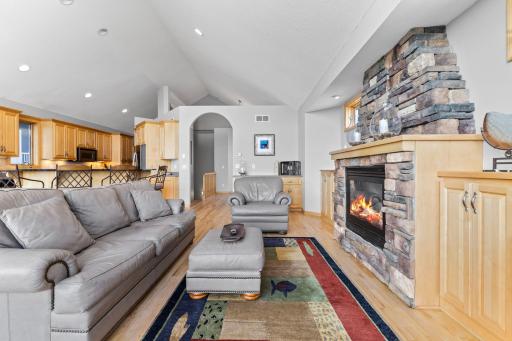 Enjoy a cozy fire with outstanding lake views