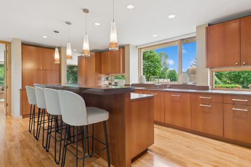 Brilliant! Ample Cambria prep surfaces & light. Subzero side by side, dual Asko dishwashers, Wolf 6 burner range with double ovens & Wolf vent hood. Soft close custom cabinetry by local artisans with 40+ years of bespoke crafting. Scrumptious!