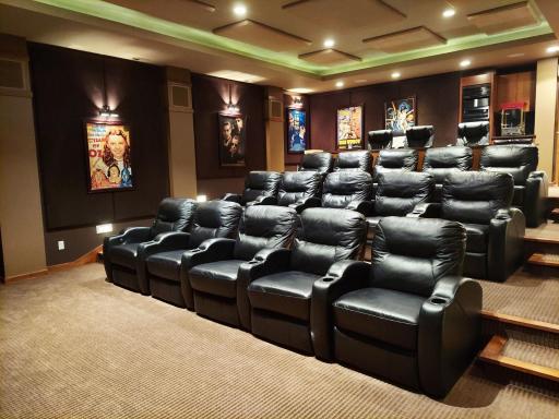 Elevated audience, excellent views of screen & stage. 12 speakers faithfully produce sound from a THX-certified amplifier! You control Lutron lighting from your seat or stage. Award winning performances start on your time, every time.