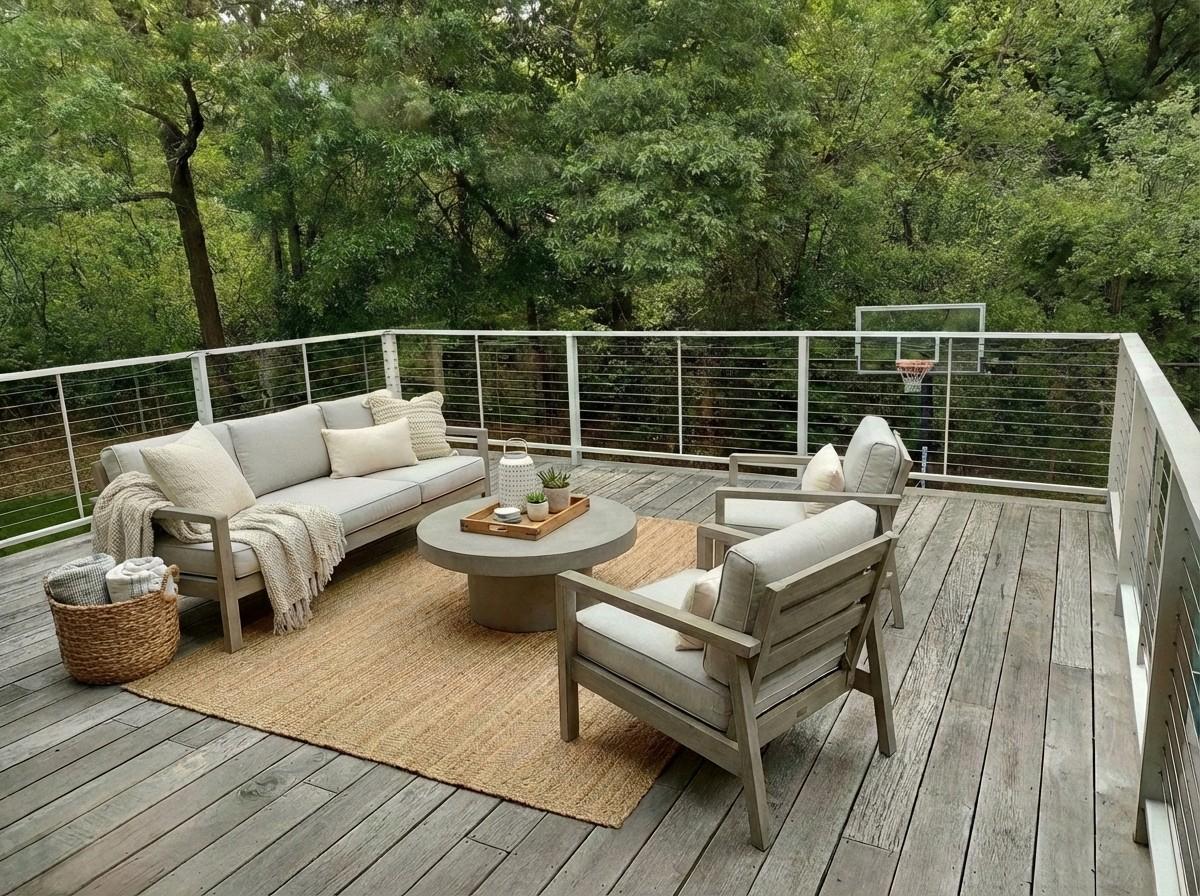 Splendid! A curtain of green provides privacy on the 1st of 4 decks. Yes, that basketball hoop is at your private sport court - it's game over, if you say so. Virtual staged.
