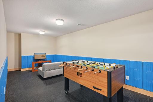 Currently a media/game room, the padded walls make for a safe playroom for younger children