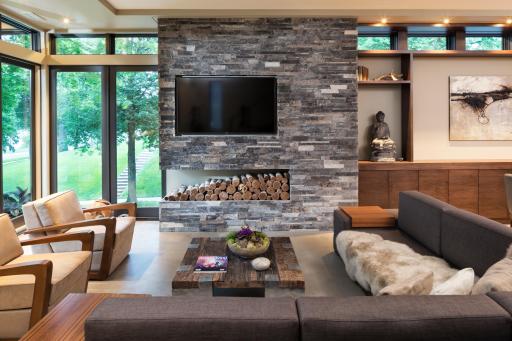 Living room with floor to ceiling windows