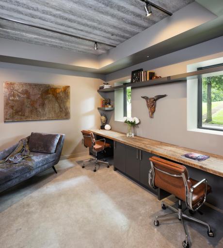 Lower level office with heated floors and lookout windows.