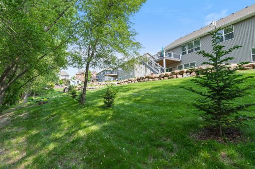 The backyard is lined with trees to add additional privacy.