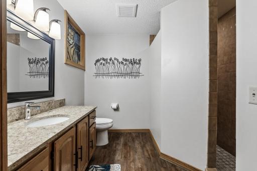 Beautifully finished lower-level bathroom featuring a sleek tiled shower.