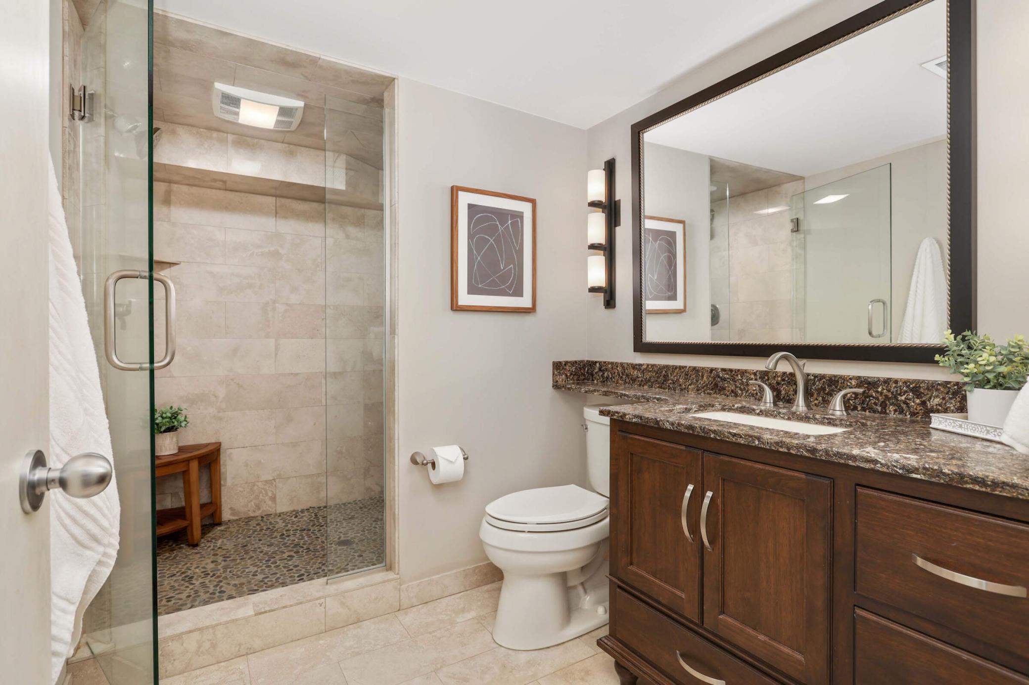 Enjoy a spacious walk-in shower in the lower level suite