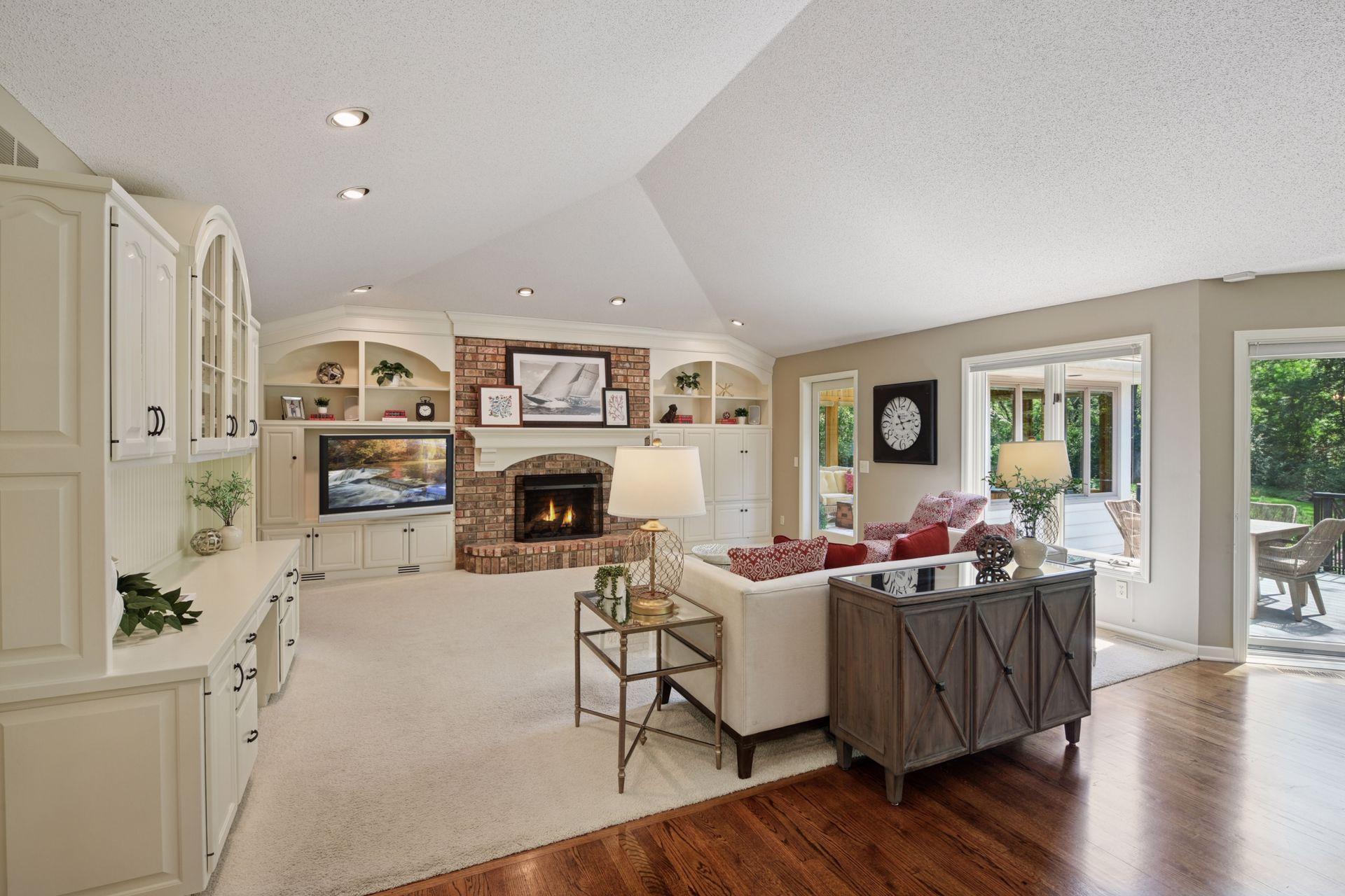 A cozy gas fireplace lends an inviting ambiance to this space