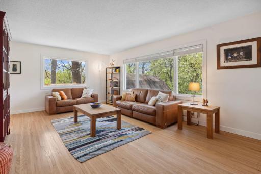 The wood flooring was refinished in 2017, adding a fresh, modern touch.