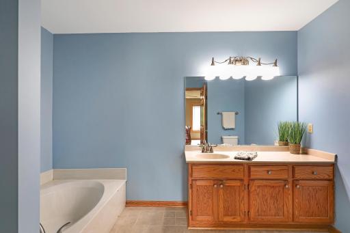 Primary bathroom equipped with oversized vanity and separate shower & tub.