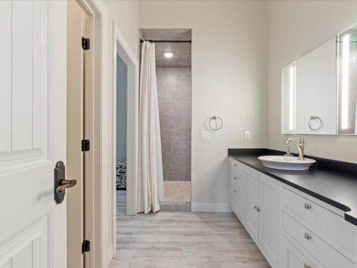 Primary bathroom suite with a walk-in shower and double vanity.