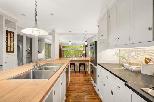 Butcher block island and Soapstone countertops
