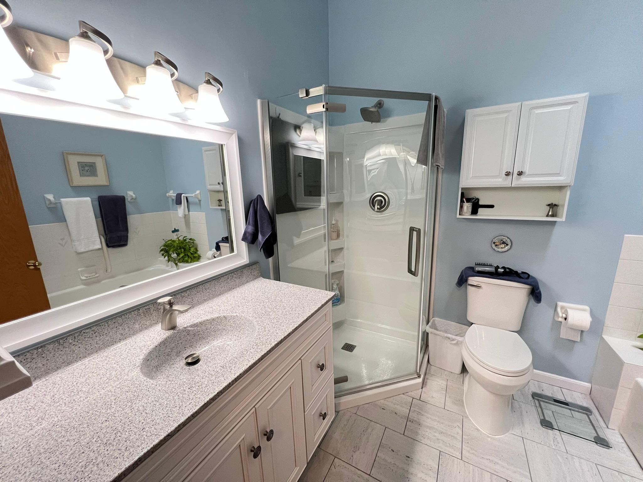 Private primary bath that has been recently remodeled.