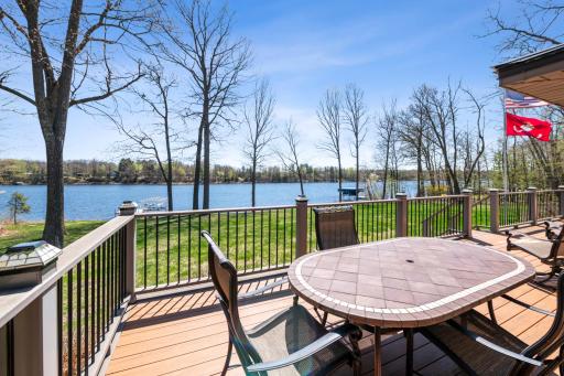 Maintenance-free deck overlooking level yard and Long Lake shoreline