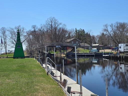 Peninsula view of bridge, lodge and gas pump