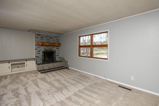 Living Room with new carpet and wood fireplace