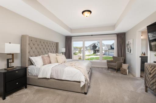 The large primary bedroom suite with tray vault.