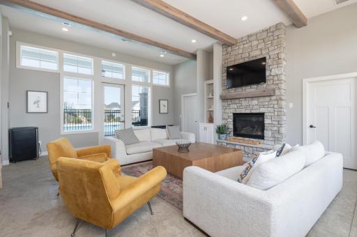 The party room is very tastefully finished. Nice high ceilings and gas fireplace.