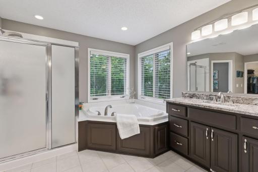 Very generous primary bath! Separate shower and tub, 2 vanities, walk-in closet and water closet.